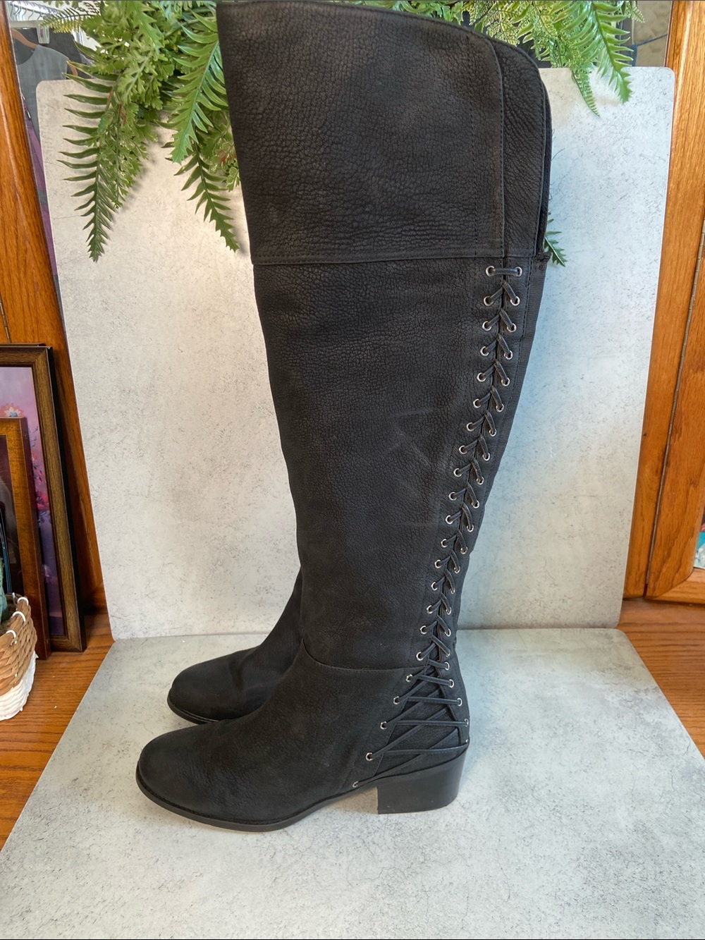 Black Leather Over The Knee Boots Corset Lace Vince Camuto Bolina 12M Block Heel